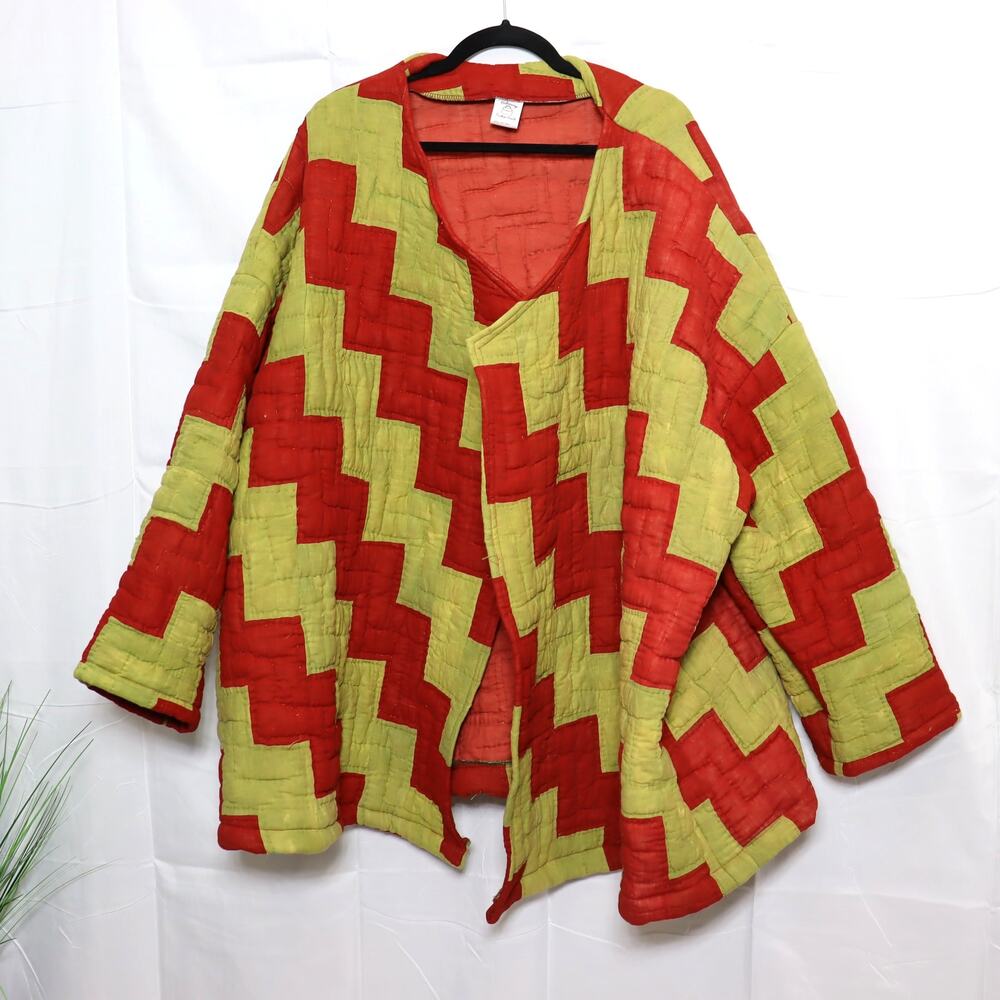 Handmade Upcycled Quilt Jacket Open Front‎ Red Green Size 2X–3X